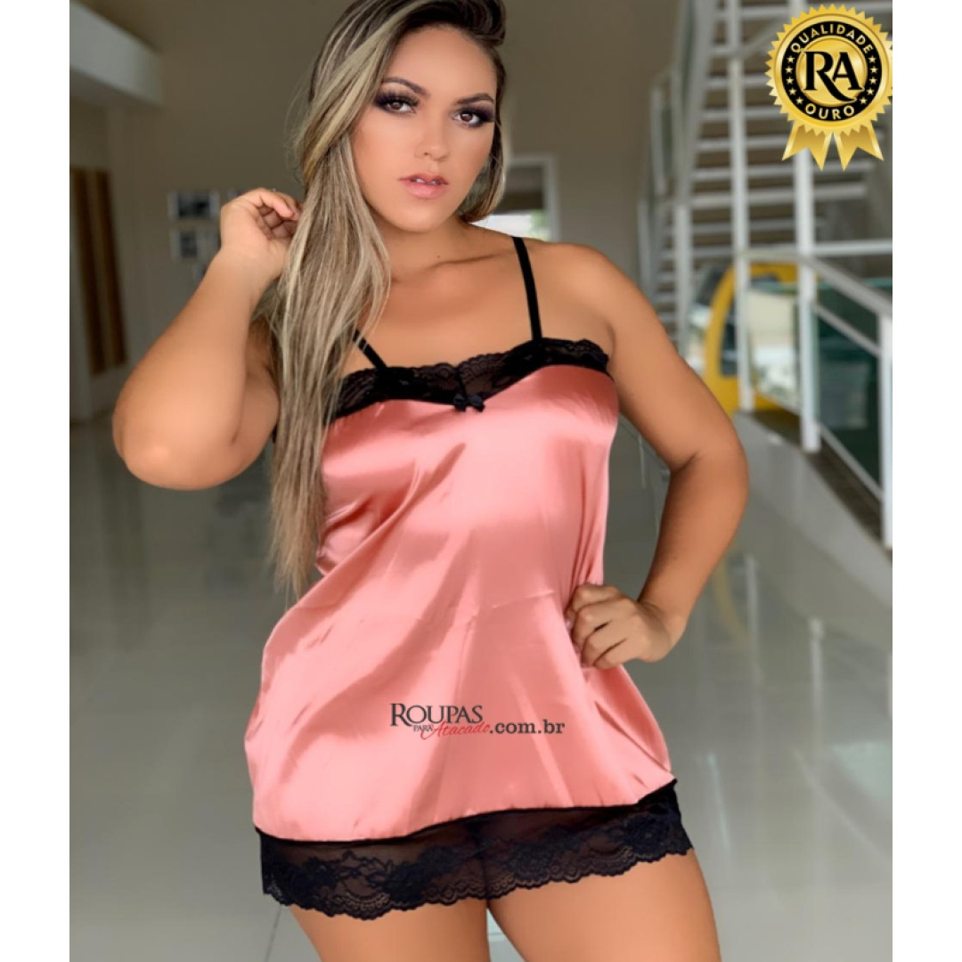 Camisola Em Cetim Com Elastano E Renda