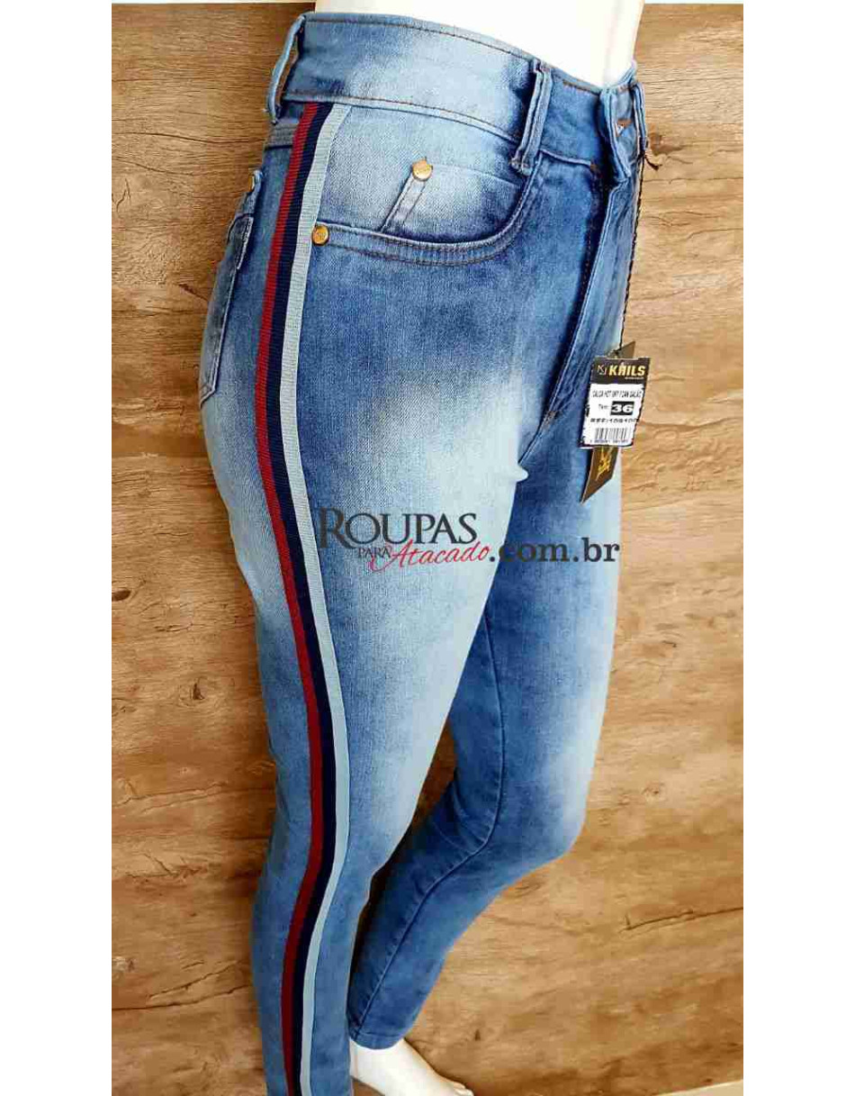 Calça Jeans Com Listras  Laterais