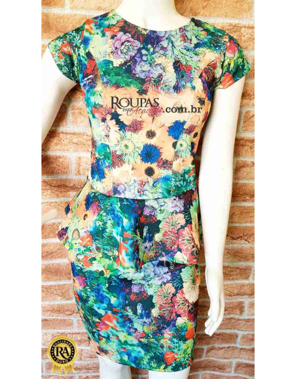 Vestido Feminino Peplum Estampado Neoprene