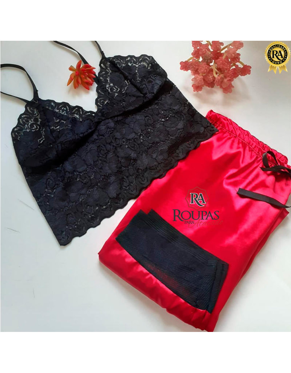 Conjunto Pijama Cropped Renda E Calça Cetim Maysa