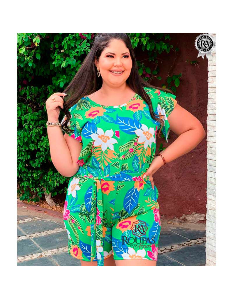 Macaquinho Plus Size Estampado Malha Leila