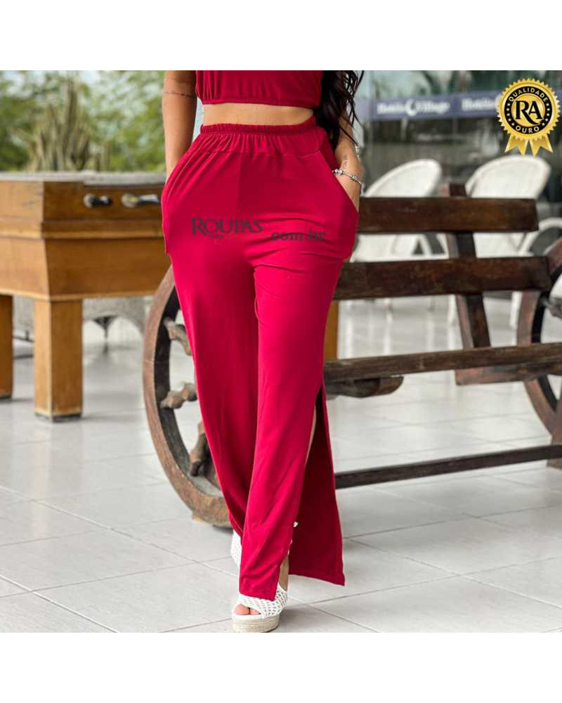 Calça Feminina Pantalona Suede Com Bolso