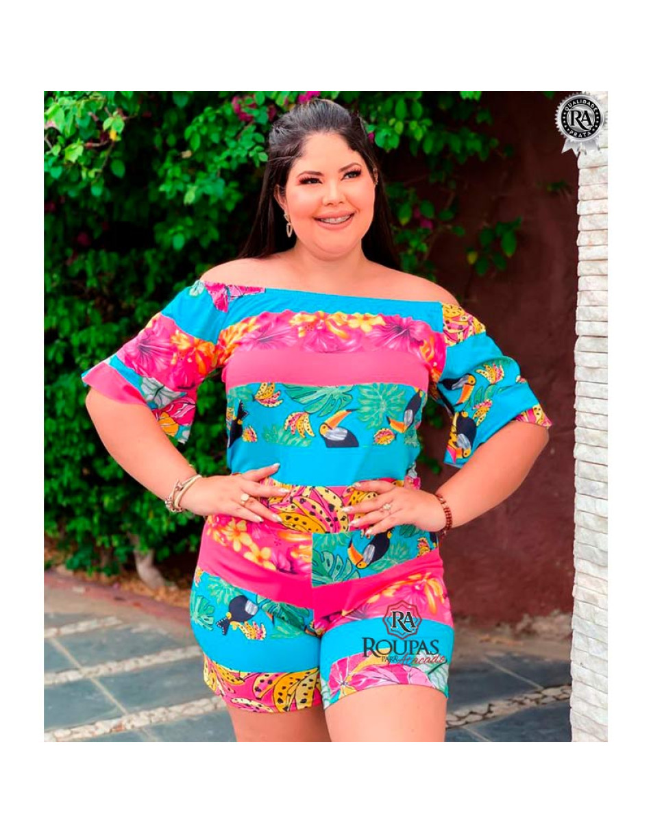 Macaquinho Plus Size Estampado Malha Leila