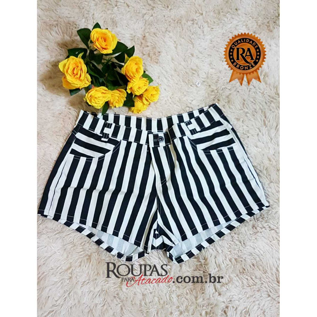 Short Jeans Listrado Preto e Branco Feminino