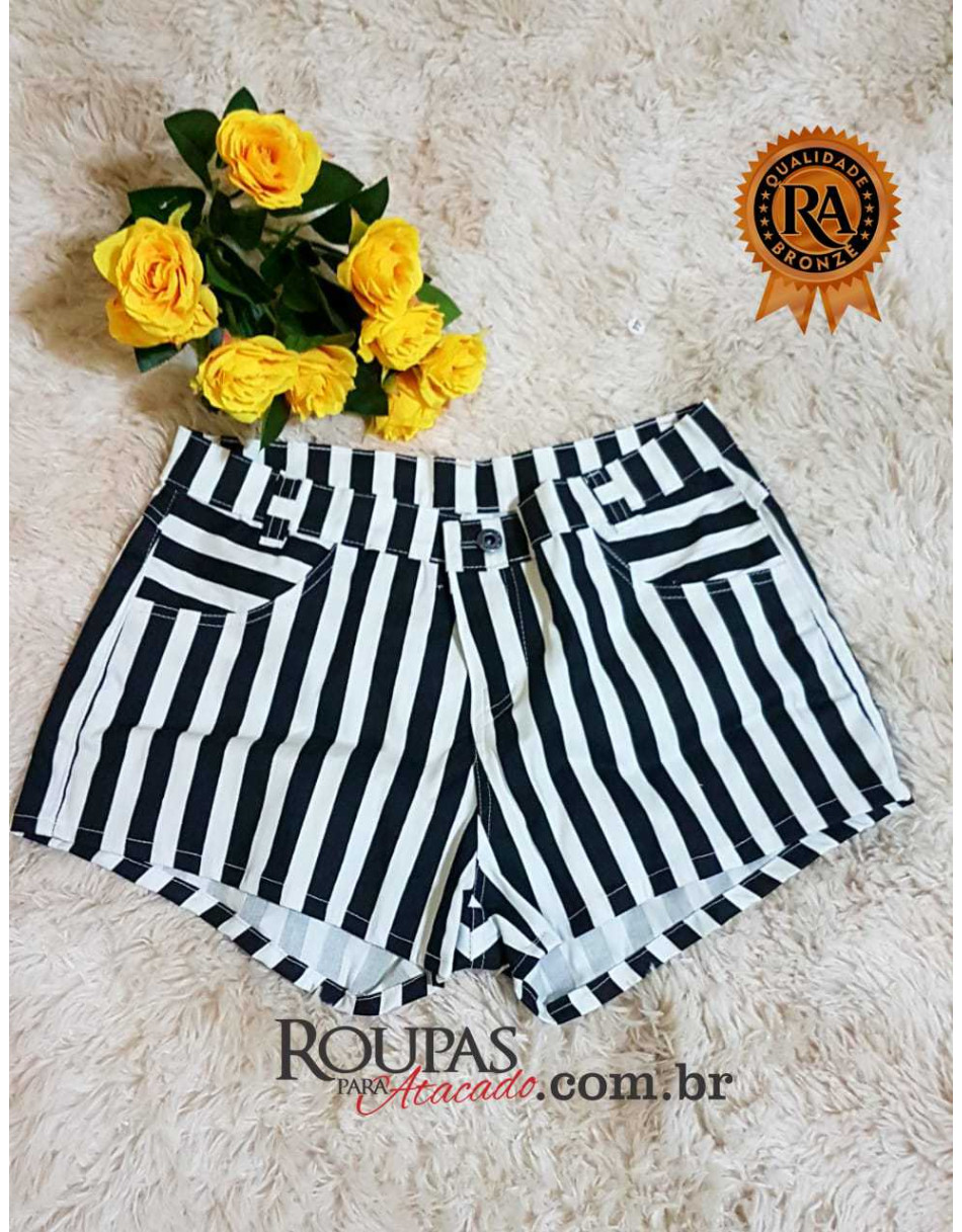 Short Jeans Listrado Preto e Branco Feminino