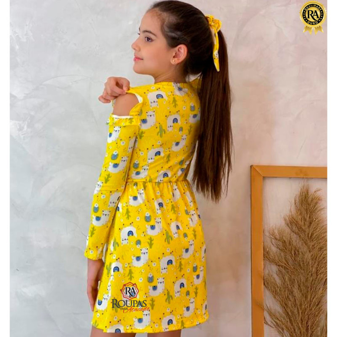 Vestido Infantil Manga Longa Com Abertura No Ombro