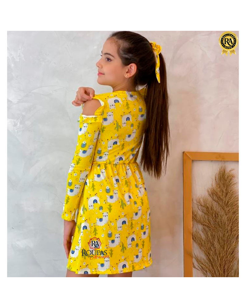 Vestido Infantil Manga Longa Com Abertura No Ombro