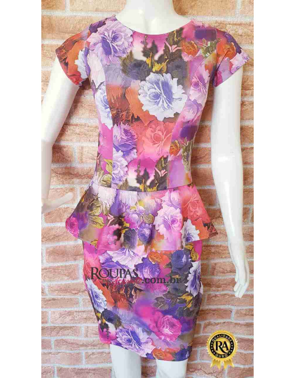 Vestido Feminino Peplum Estampado Neoprene