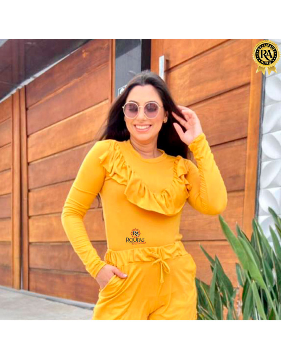 Conjunto Karina Manga Longa Calça E Blusa Com Babado 