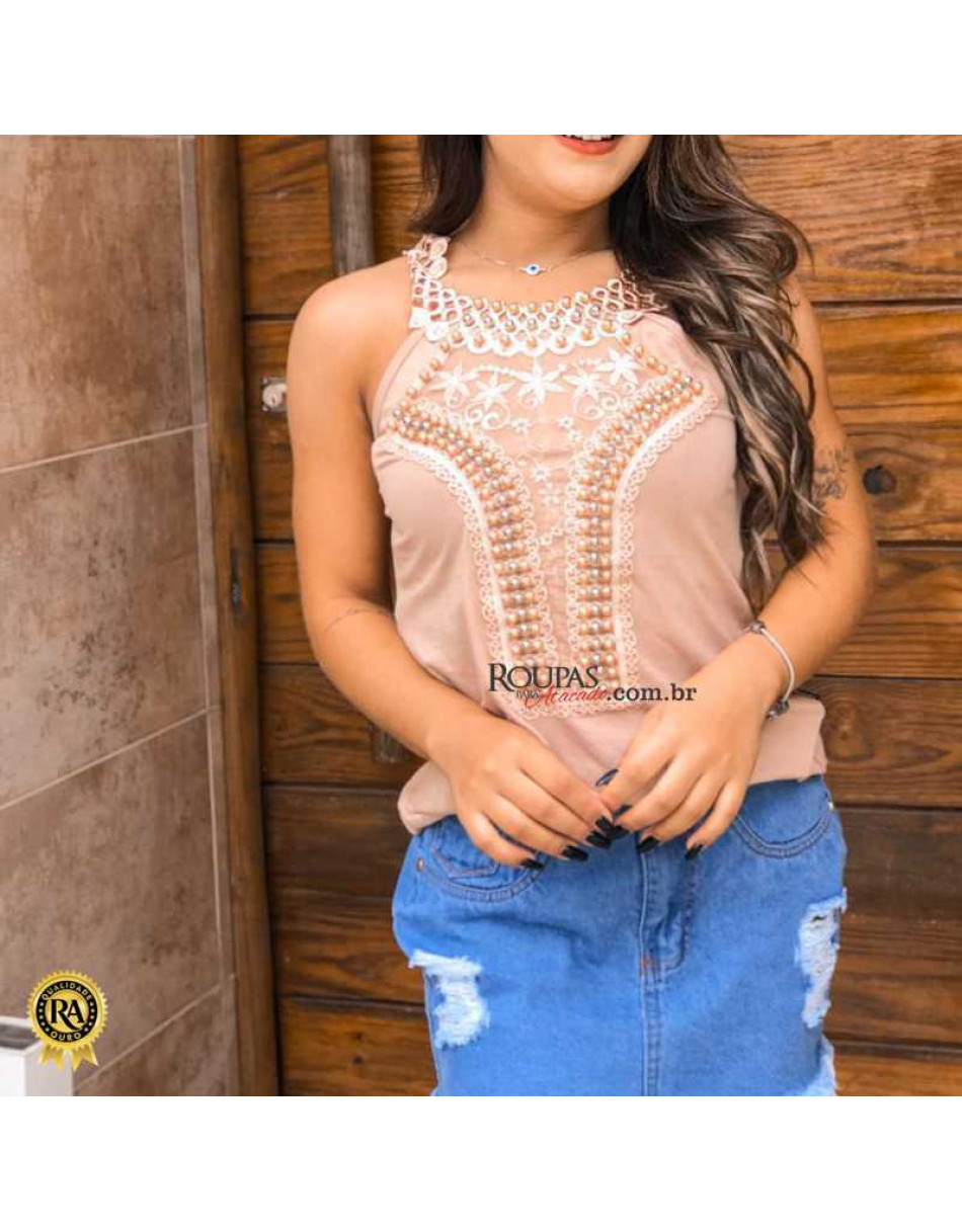 Blusa Regata Com Pedrarias e Renda Guipir